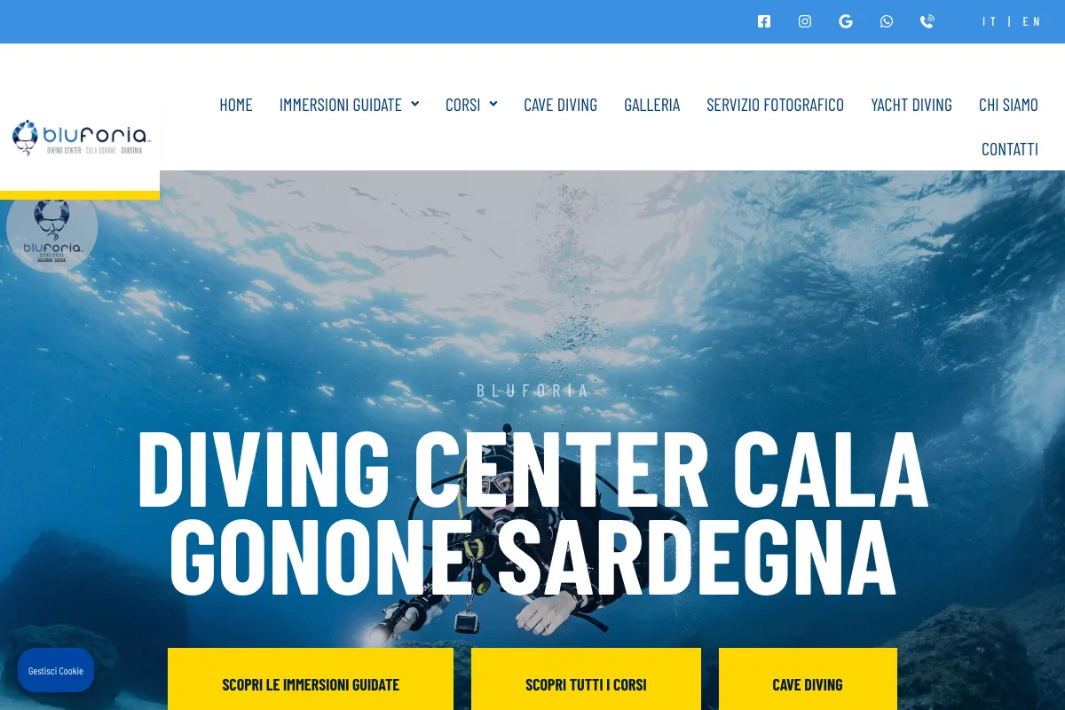 Sito di Bluforia, diving center a Cala Gonone, in italiano e inglese, realizzato da Studio Up Web